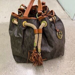 Michael Kors Brown Bucket Bag with Gold and Tan Accents